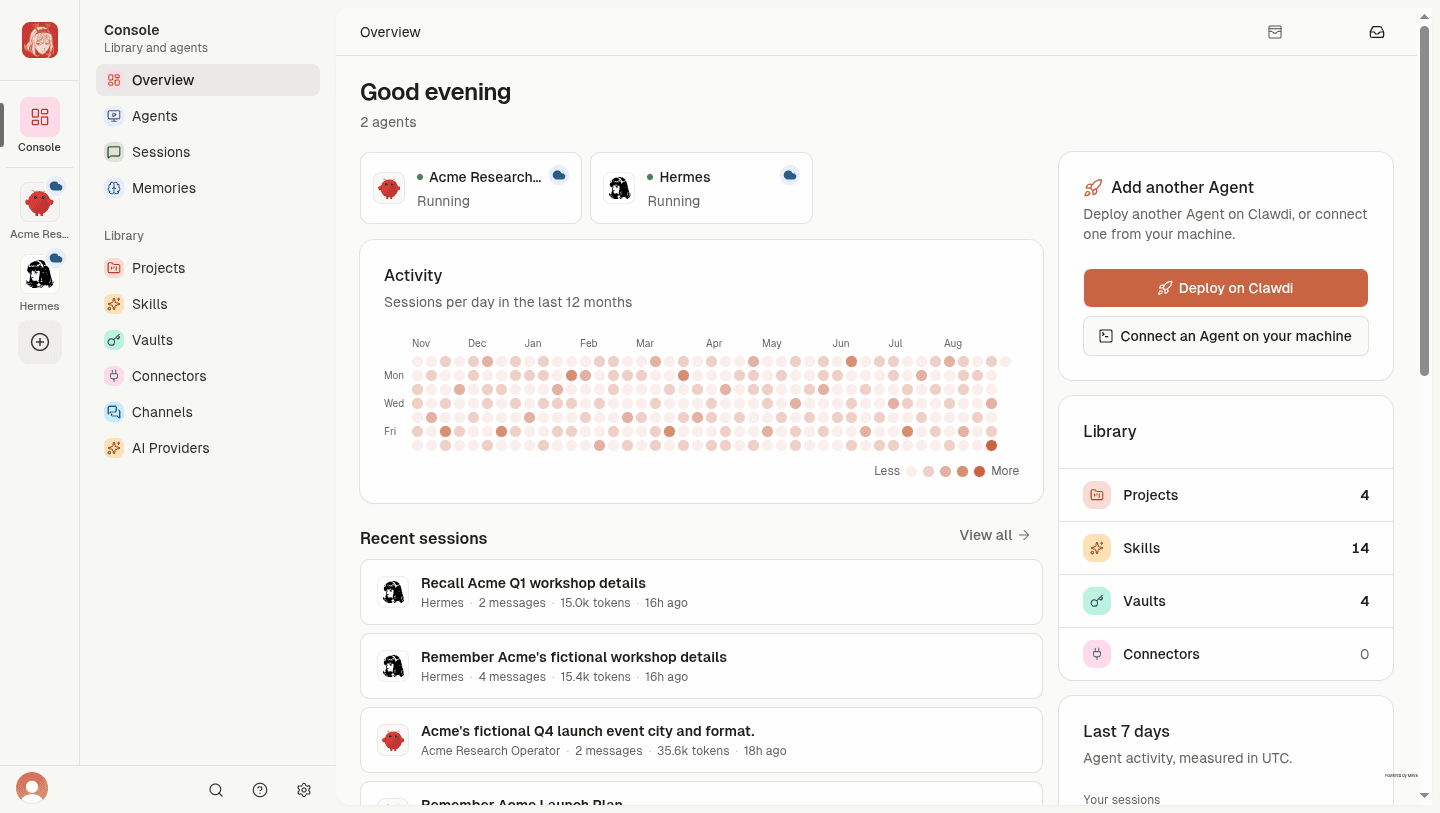 Clawdi Cloud overview showing deployed AI agents
