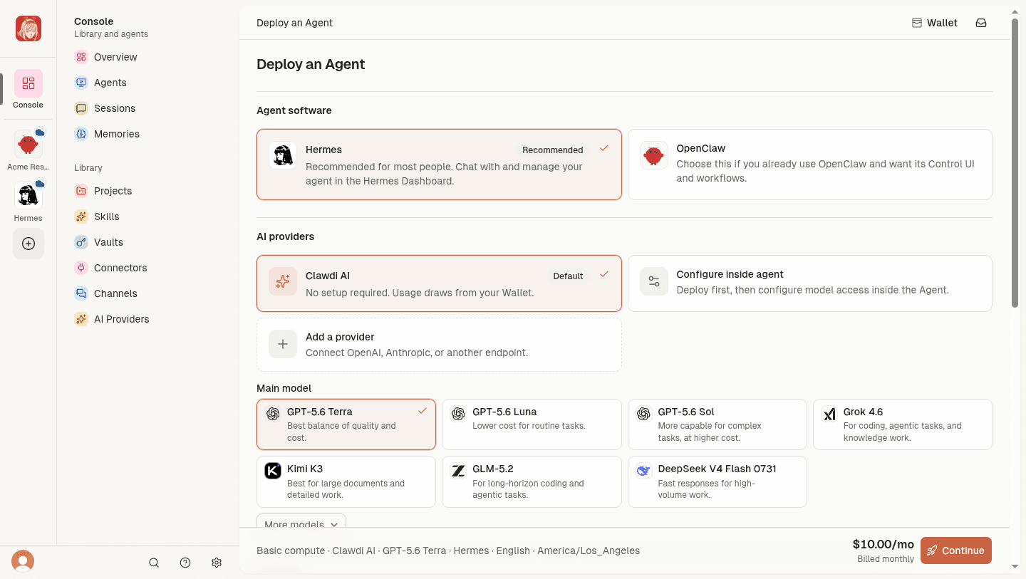 Clawdi deployment flow for creating an AI agent