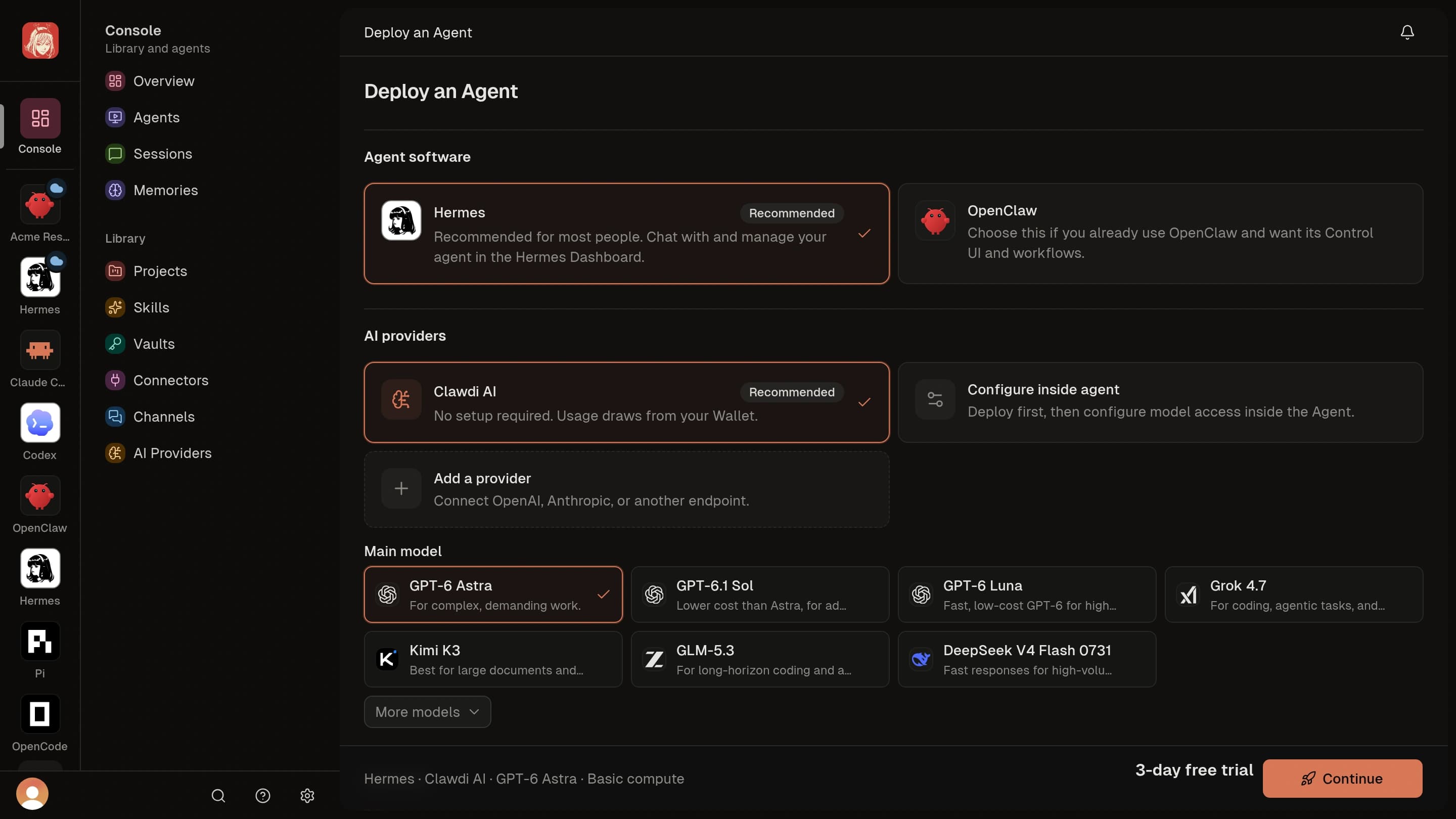 Deploy an agent in Clawdi with Hermes, Clawdi AI, and a main model selected
