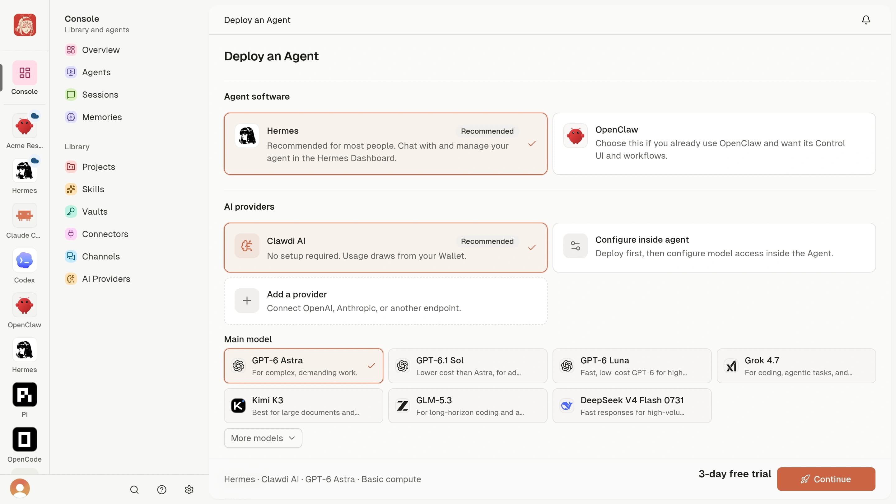 Deploy an agent in Clawdi with Hermes, Clawdi AI, and a main model selected