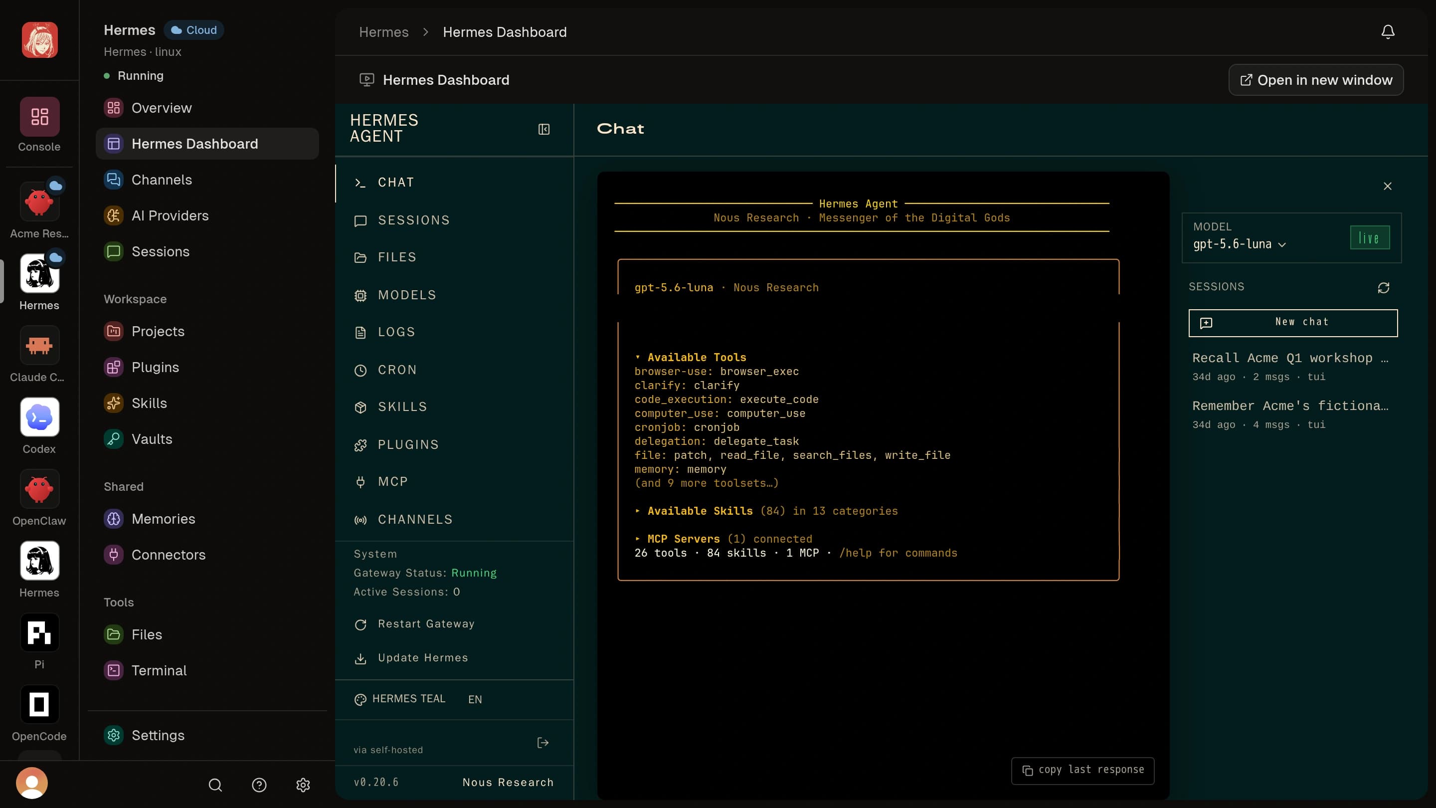 Hermes running as a Cloud Agent in Clawdi, with its Hermes Dashboard, available tools, and recent sessions