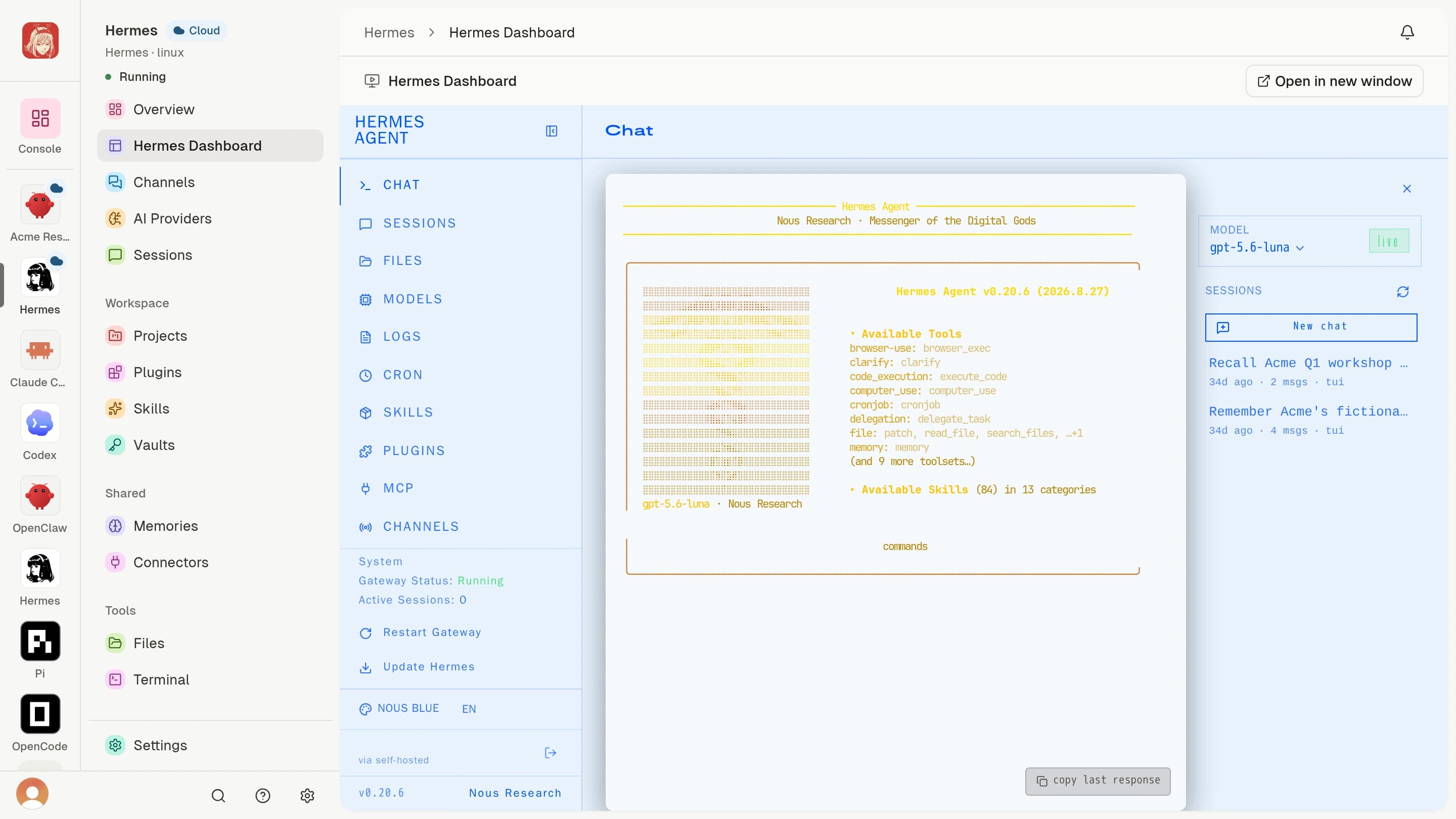 Hermes running as a Cloud Agent in Clawdi, with its Hermes Dashboard, available tools, and recent sessions