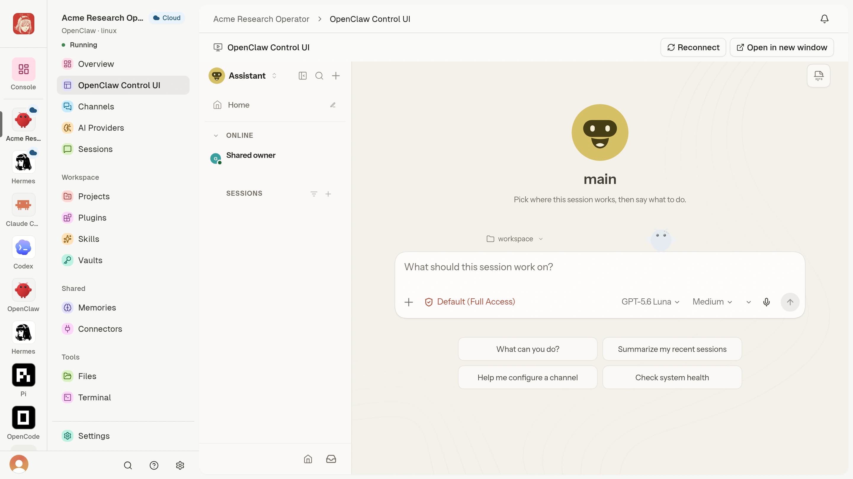 OpenClaw running as a Cloud Agent in Clawdi, with its Control UI, a new session, a loaded model selector, and a message composer